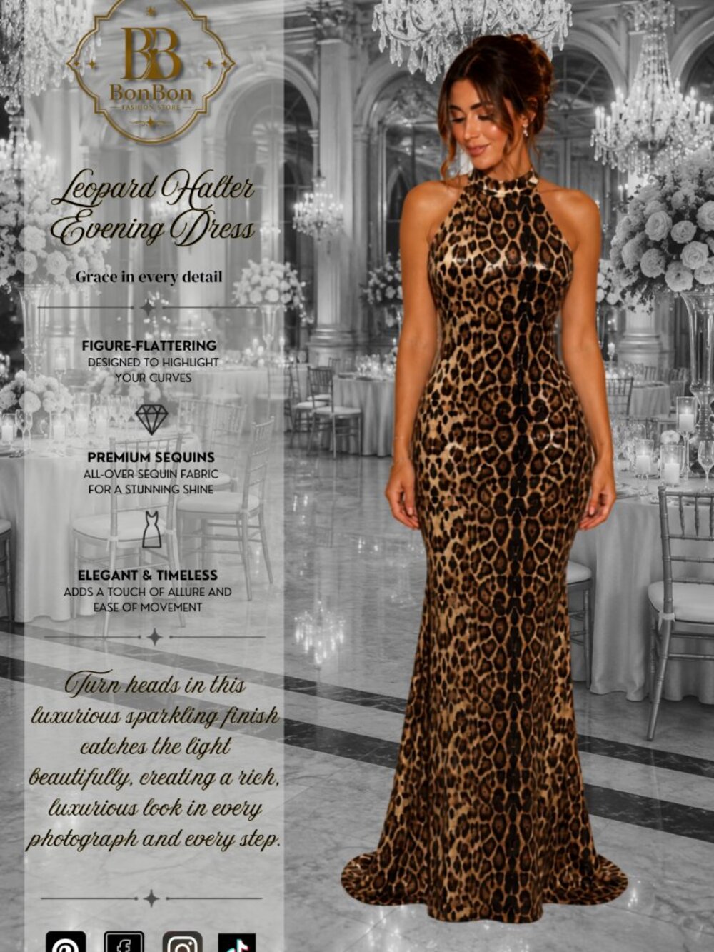 Luxury Leopard Print Halter Evening Dress, Open Back Maxi Gown, Sparkly Dress